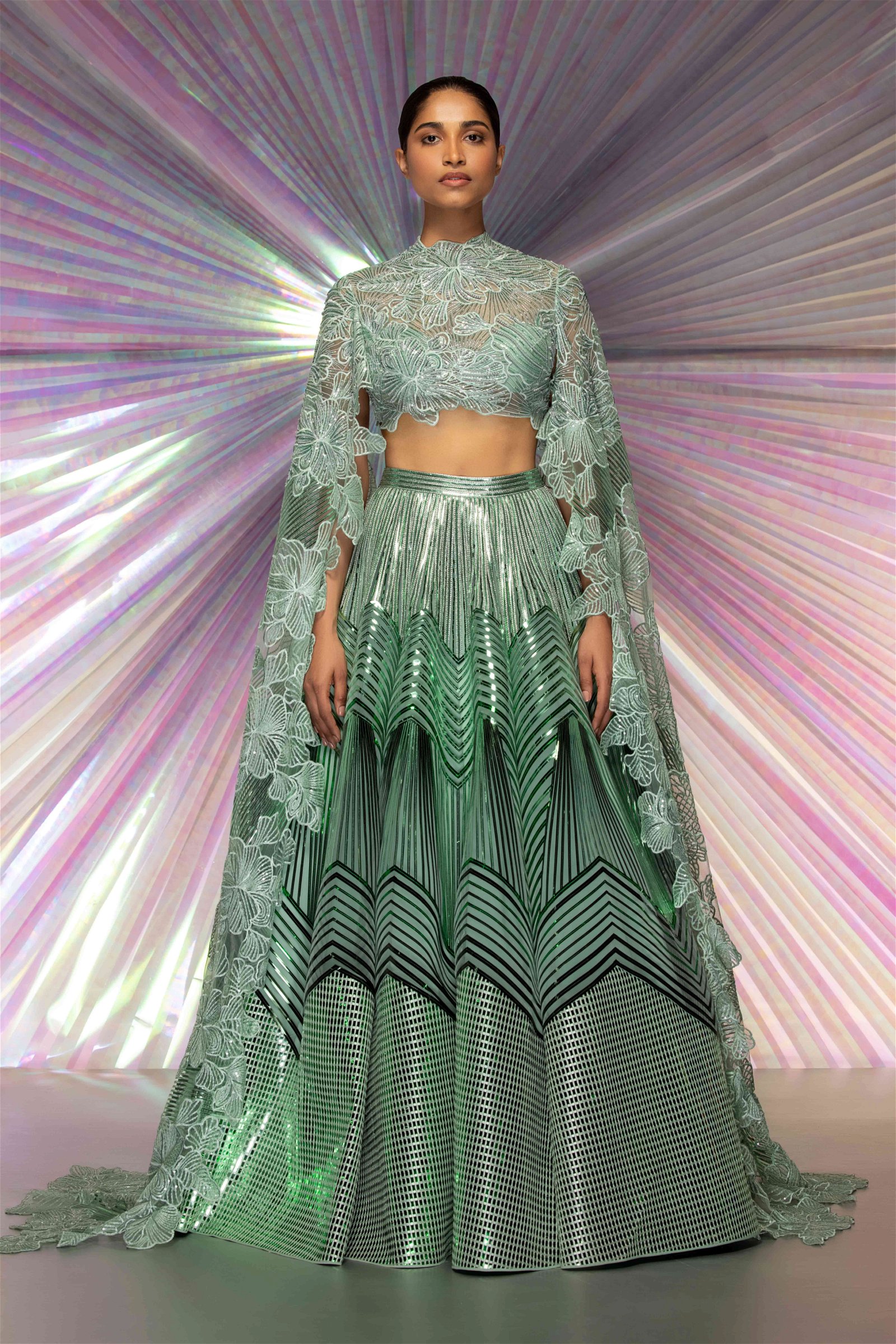 Metallic Structured Lehenga With Hand Embroiderd Cape Sleeve Blouse- WHAT TO WEAR TO A SANGEET