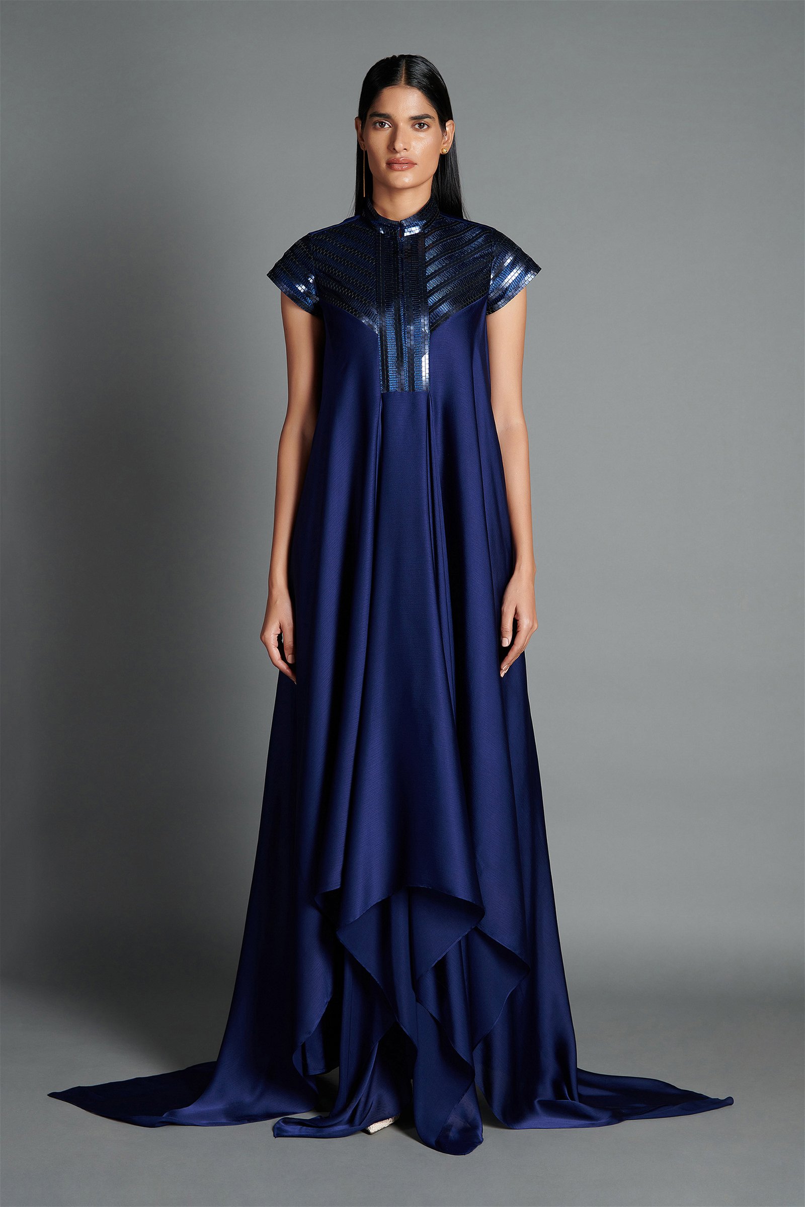 Ink Blue Chiffon Embroidered Paneled Dress Design by Amit Aggarwal at  Pernias Pop Up Shop 2023