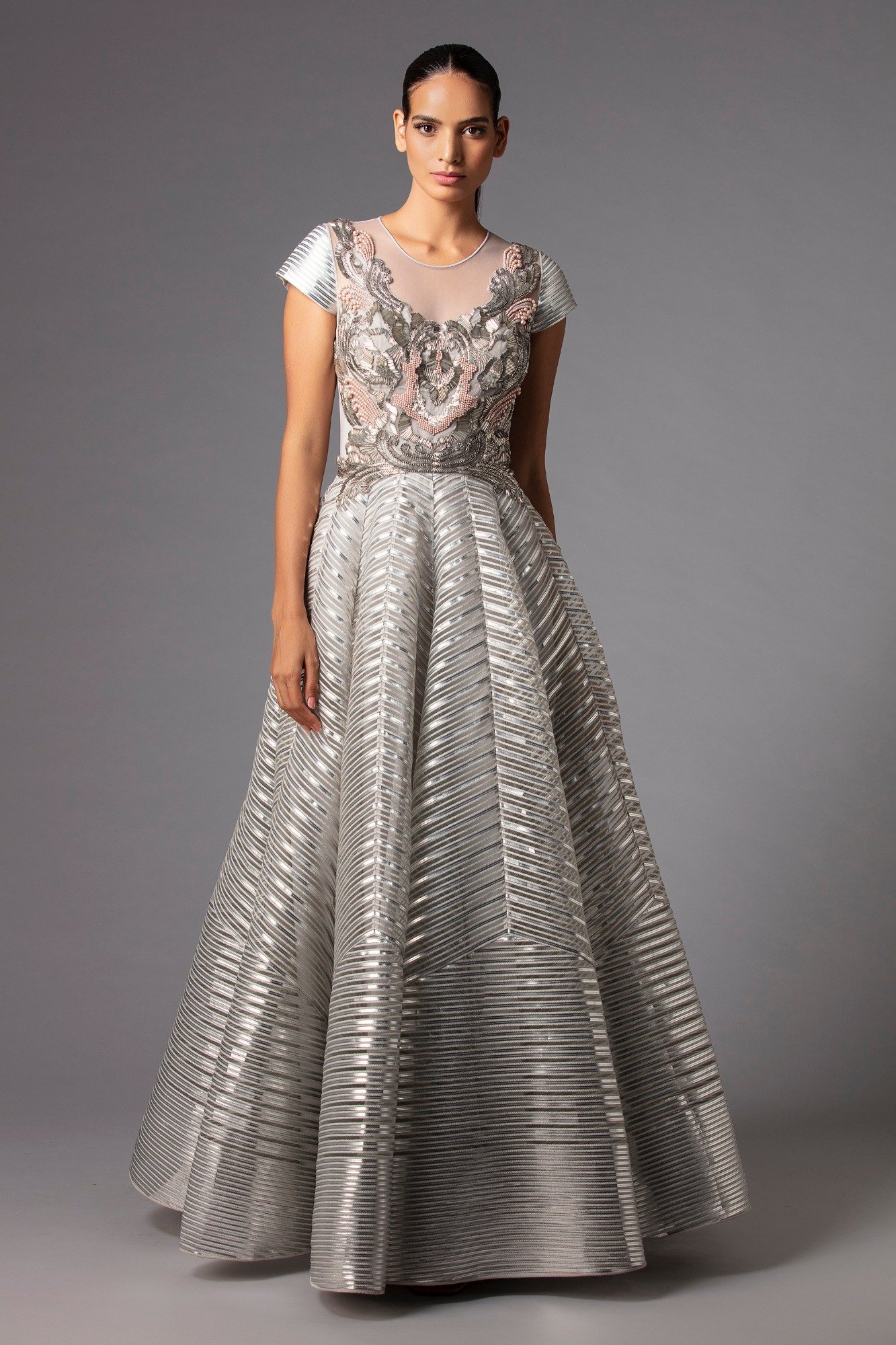 Silver grey ethnic gown in embroidered net fabric with back trail only on  Kalki